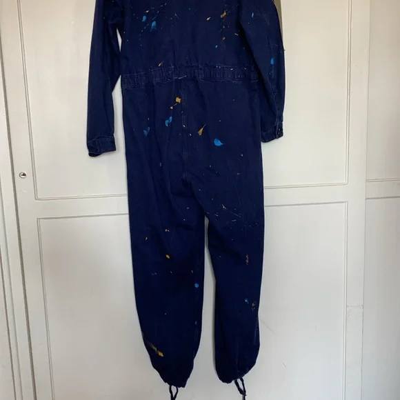 Artist coveralls, jumpsuit, patches and paint, drawstring bottoms, button up